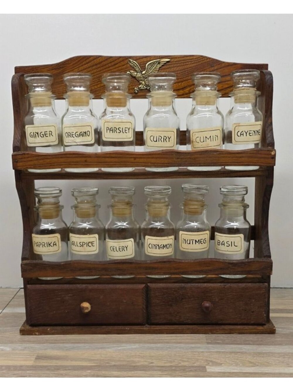 Vintage MCM Wooden Spice Rack & 2 Drawer with Labeled Jars Kitchen Storage